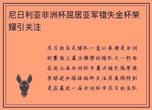 尼日利亚非洲杯屈居亚军错失金杯荣耀引关注
